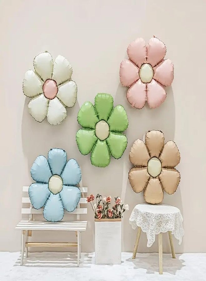 Atpata Funky Pastel Matte Daisy Flower Foil Balloons Set of 5 - Mint Green, Pink, Blue, Sand White & Tan Brown | Floral Balloons for Boho Birthday Baby Shower Botanical Garden Party Decor (5pcs.) - Image 4